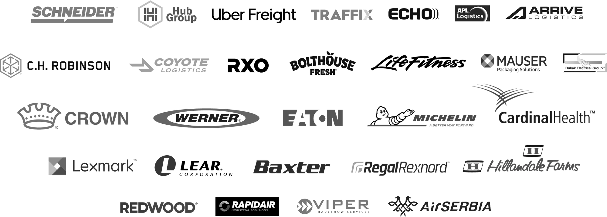 Customer logos including Schneider, Uber Freight, C.H. Robinson, Werner and Michelin